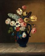 Still life, flowers in a blue jug oil on canvas painting by Van Diemonian (Tasmanian) artist and convict William Buelow Gould (1801 - 1853). William Buelow Gould